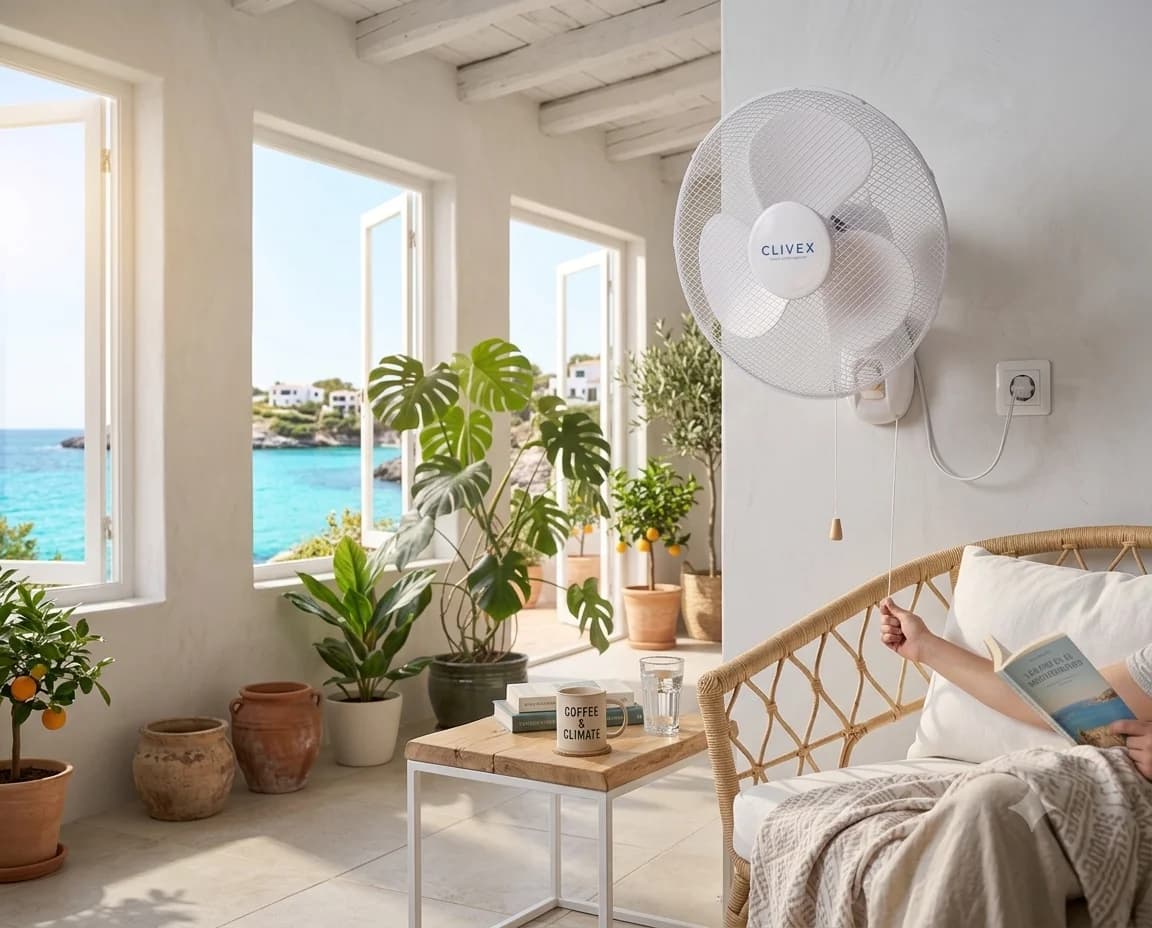Clivex Wandventilator installiert in einem hellen Wohnzimmer mit Meerblick bei Hitzewelle